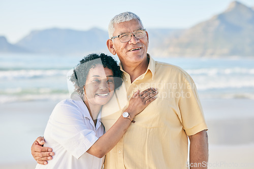 Image of Senior couple at beach, hug and smile with travel, retirement and love outdoor, vacation with view and relax in nature. Peace, zen and tropical island, man and woman with marriage and happiness