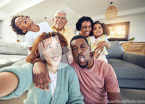 Image of Comic, selfie and grandparents with parents and children in living room to relax, bonding and quality time. Love, home and photo portrait of happy family and kids smile, funny face and laugh together