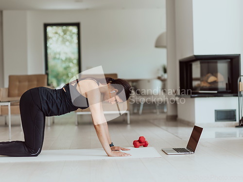 Image of Young Beautiful Female Exercising, Stretching and Practising Yoga with Trainer via Video Call Conference in Bright Sunny House. Healthy Lifestyle, Wellbeing and Mindfulness Concept.