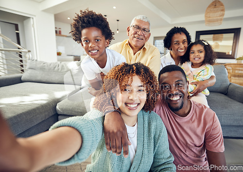 Image of Relax, smile and selfie with black family in living room for social media, bonding and proud. Happiness, picture and generations with parents and children at home for memory, support and weekend