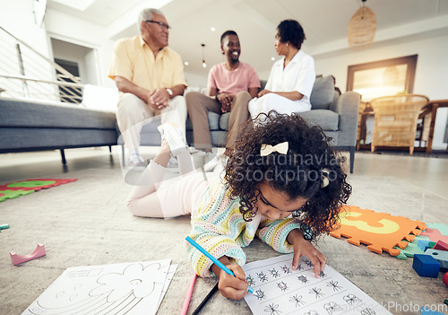 Image of Child, coloring homework and pencil art of a girl lying on a living room carpet with family at home. House, learning and creative development activity of young kid in kindergarten with a school book