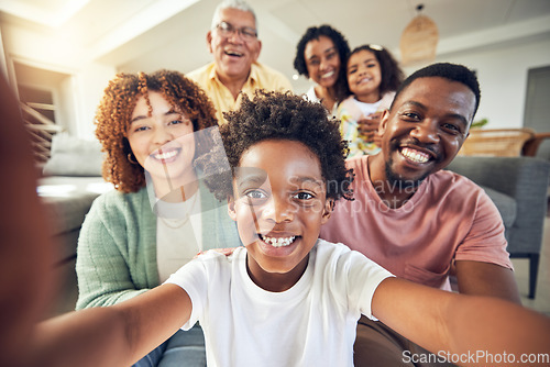 Image of Generations, smile and selfie with black family in living room for social media, bonding and relax. Happiness, picture and proud with parents and children at home for memory, support and weekend