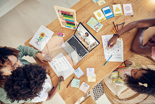 Image of Elearning, education and homework with black family at table from top view for creative, care or tutor. Distance learning, schoolwork and child development with parents and children for online course