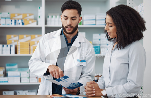 Image of Pharmacy, reading and brochure with people in store for medical, information and shopping. Healthcare, wellness and expert with man and woman in drugs dispensary for medicine, product and seller