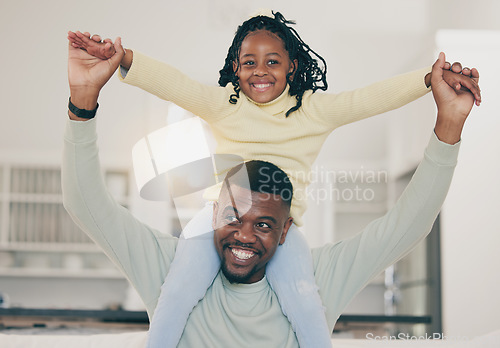 Image of Black family, house and dad having fun with a happy child on a living room sofa with happiness. Father, parent love and support of a kid with a smile and youth in a home with lens flare in lounge