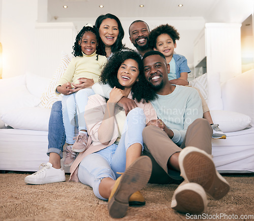 Image of Black family, smile and portrait on couch with kids, parents and grandparents with happiness, love and care. Senior man, women and children with generations, hug and bonding in living room on floor