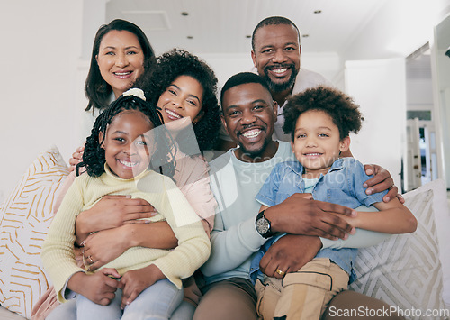Image of Black family, smile and portrait on couch with children, parents and grandparents with happiness, love and care. Senior man, women and kids with generations, hug and bonding in living room on sofa