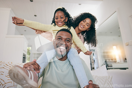 Image of Portrait, playing and black family on couch, silly and care in living room, memory and weekend break. Face, African American parents and father with mother, female kid and quality time in living room