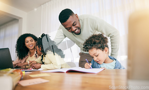 Image of Writing, drawing and parents with children for homework, school activity and learning with notebooks. Black family, education and happy mom, dad and kids smile for teaching, lesson and help at home