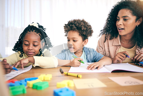 Image of Books, drawing and mom with children for homework, school activity and learning with paper. Black family, education and happy mother with boy and girl smile for teaching, lesson and help at home