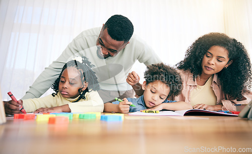 Image of Learning, writing and parents with children with homework, school activity and learning at home desk. Black family, education and mom, dad and kids with paper, drawing and crayon for teaching lesson