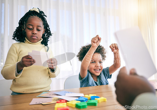 Image of Education, help and parents with children for homework, school activity and learning with paper. Black family, creative project and happy boy and girl excited for teaching, lesson and playing at home