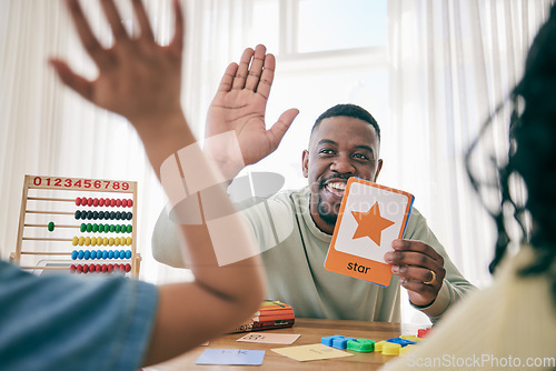 Image of Learning, high five and father with children for homework, school activity and learning shapes at home. Black family, education and happy dad with kids smile for creative teaching, lesson and help