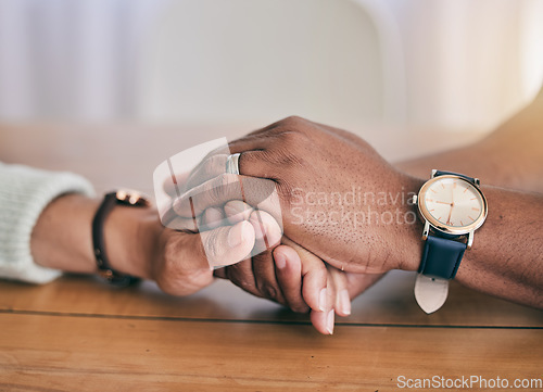 Image of Closeup of couple hand holding in support, empathy and help for bad news, depression or mental health problem. Therapy, psychology and depressed, sad or anxiety of mature man and woman hands together