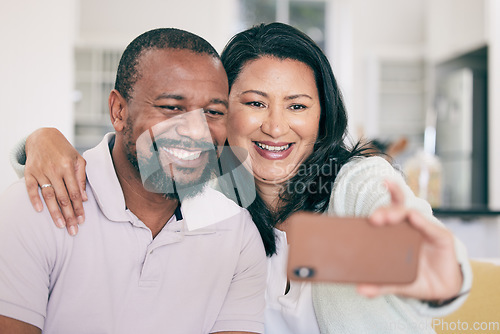 Image of Senior black couple, selfie and smile in home together for hug, social media or relax for memory for love. Mature man, woman and digital photography app in house for embrace, bonding or happy support
