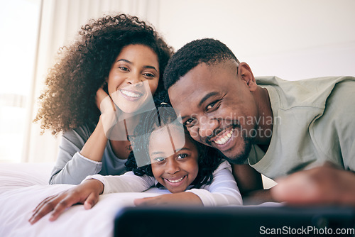 Image of Selfie, smile and black family relax in bed, happy and bonding while posing in their home. Love, girl and parents in a bedroom, resting and having fun, joy and cheerful for photo or profile picture