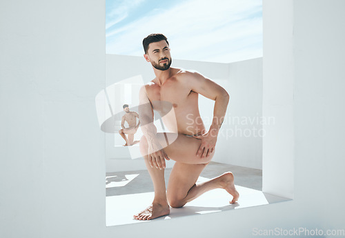 Image of Man model, naked statue and art deco frame of a male posing outdoor for fine and lgbt artwork. Architecture, nude and live greek statues with a person with power and homosexual figure for creativity