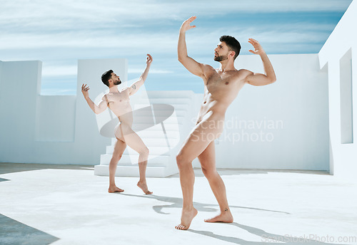 Image of Art, pose and naked men in sun, creative architecture and blue sky, muscle flex and athletic lgbt body. Pride, power and gay couple posing as artistic Greek athlete statue, freedom in self expression