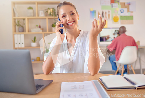 Image of Business call, phone and portrait of a woman in a office with communication and networking. Happy, female and mobile planning with a smile with professional information and creative work goals