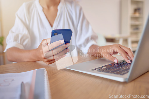 Image of Phone, laptop and search with hands of woman in office for social media, networking and connection. Internet, technology and planning with female for contact, communication and browsing online