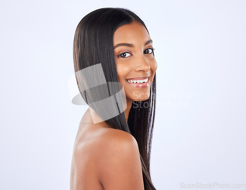 Image of Woman, portrait smile and long hair for salon treatment, keratin or glow against a white studio background. Happy isolated female model smiling for healthy hairstyle, haircare or beauty on mockup