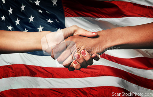 Image of Handshake, partnership and people with flag in USA for political agreement, cooperation and alliance. Election, support and American women shaking hands for democracy, collaboration and negotiation