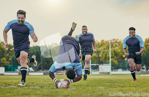 Image of Sports, rugby and team on field, men playing game with energy and fitness, player score try and group cheers. Running, exercise and professional match, sport club with male outdoor and active