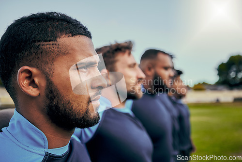 Image of Rugby, sports and teamwork with men on field for training practice, fitness and challenge. Serious, power and performance with group of athletes for exercise goals, solidarity and commitment