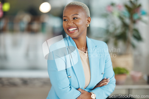 Image of Office, laugh or happy black woman, business HR manager or employee smile for startup company growth. Human resources, corporate person or African female, bank admin agent or professional consultant