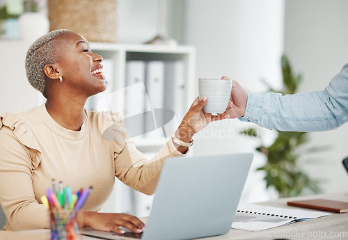 Image of Coffee, laptop and thank you with a designer black woman at work in her office on a creative project. Computer, drink and gratitude with a happy female employee taking a break while working on design