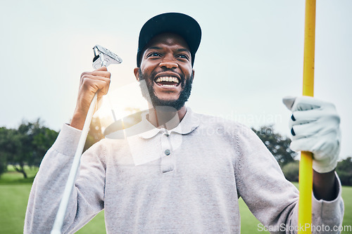 Image of Golf, winner and happy with black man on field for training, sports and success in club. Competition, games and celebration with golfer playing on grass lawn for energy, pride and achievement