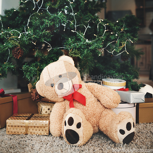 Image of Christmas, gift and festive with a teddy bear by a tree, ready for celebration during the holiday season. December, event and a stuffed animal sitting in the living room of an apartment as a present