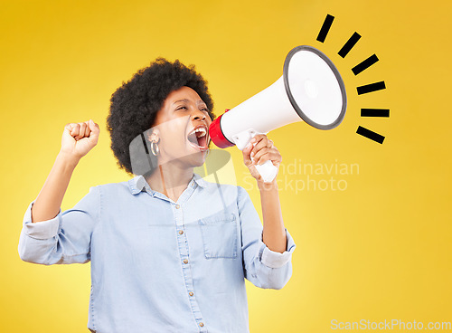 Image of Bullhorn announcement, shout or studio black woman protest for democracy vote, justice or human rights rally. Fight racism speech, megaphone microphone or angry speaker fist on yellow background fist