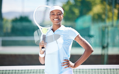 Image of Tennis, portrait and smile of black woman on court ready for match, game or competition. Fitness, sports and happy, proud and confident female athlete from Nigeria preparing for exercise or training.