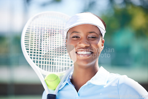 Image of Tennis, face portrait and smile of black woman on court ready for match, game or competition. Fitness, sports and happy, proud and confident female athlete from Nigeria preparing for training workout