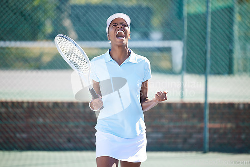 Image of Tennis, winner and celebration of black woman on court after winning match, game or competition. Achievement, success and happy female athlete celebrate sports, workout targets or exercise goals.