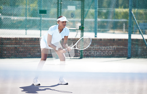 Image of Tennis, outdoor match and black woman wait for sports ball serve with a racket on exercise court. Sport game, workout competition and young female ready for wellness and health challenge in summer