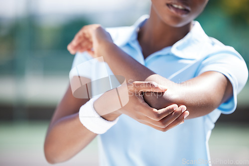 Image of Elbow pain of tennis sports woman, injury and first aid emergency for medical health risk. Closeup arm of female athlete with accident on training court, fitness mistake and injured muscle problem