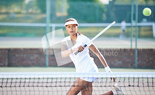 Image of Exercise, tennis sports and woman on court outdoors for match, game or competition. Training, summer and female athlete with racket for exercising, practice or workout for wellness, health or fitness