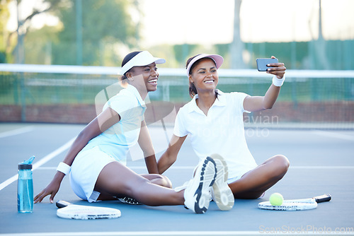 Image of Tennis, selfie and happy black women on court after match, game or competition. Teamwork, sunset smile and girls, friends or athletes taking photo for sports memory, social media or profile picture.