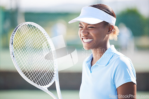 Image of Winner, tennis and smile of black woman on court after winning match, game or competition. Thinking, success and happy, proud or excited female athlete with sports target, workout or exercise goals.