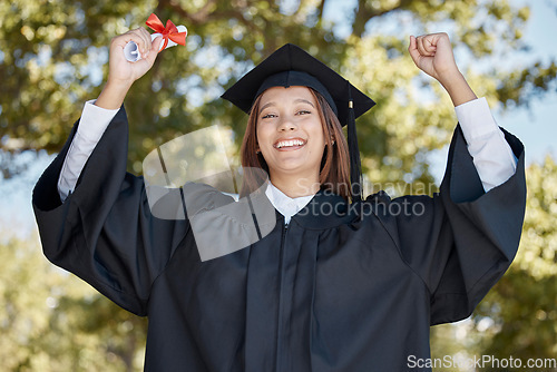 Image of Success, graduation and portrait of a woman with a diploma for finishing university. Achievement, excited and graduate with a certificate to celebrate the completion of academic studies at college