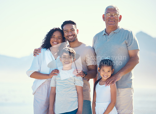 Image of Family, portrait and smile with generations, love and travel, relationship with grandfather, parents and children outdoor. Bonding, care and happiness, spending quality time together and happy people