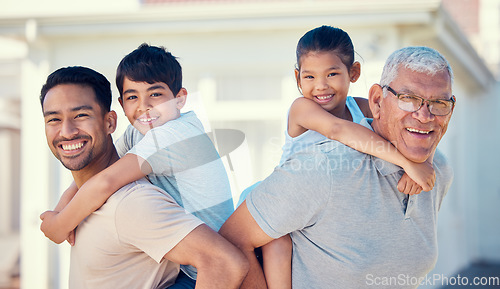 Image of Family, dad and grandfather piggyback children in portrait, love and relationship with generations, bonding and care. Smile, happiness and fun together with men and kids outdoor with childhood