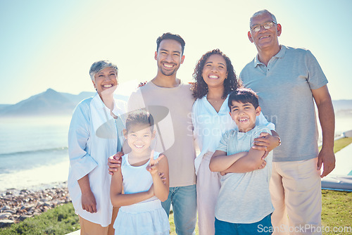 Image of Family, parents and grandparents with children in portrait, love and care with generations outdoor in back yard. Bonding, trust and happiness, spending quality time together and people smile