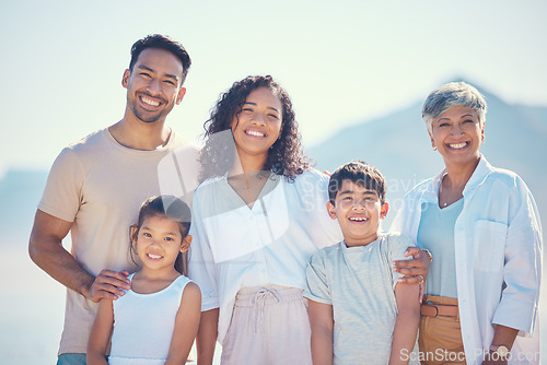 Image of Family, portrait and happy with generations, love and travel, relationship with grandmother, parents and children outdoor. Bonding, care and happiness, spending quality time together and people smile