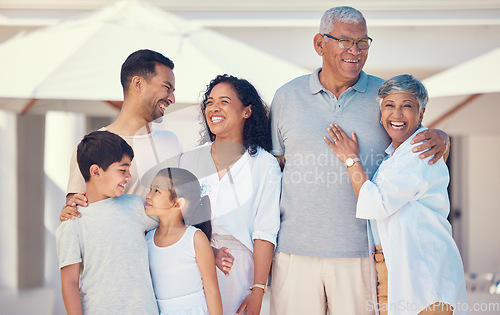 Image of Laugh, smile and portrait of big family at new home for bonding, affectionate and care. Funny, quality time and natural with parents and children in garden for happiness, generations and support