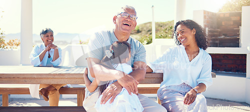 Image of Family, outdoor and laughing on vacation with child, mother and grandpa on a bench with love and care. Girl, woman and man or grandparents happy in summer for hug, fun and happiness on holiday patio