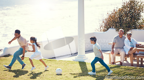 Image of Soccer, happy and father and kids in home garden for learning, bonding and fitness with sports. Relax, training and football with man playing with children in backyard for summer, weekend or teaching