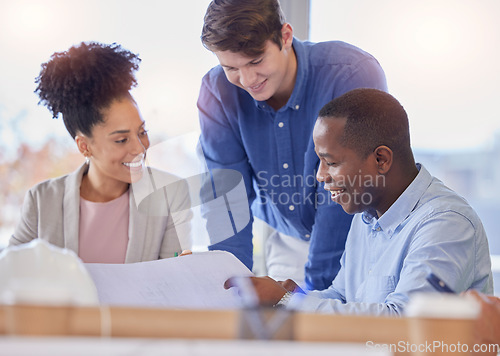 Image of Review, blueprint and architecture with people in meeting for planning, engineering and designer. Training, teamwork and development with group of employee in office for ideas and floor plan proposal